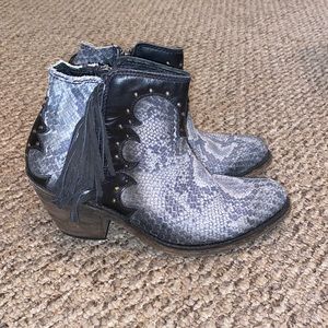 Fringe Snake-Print Cowboy Booties